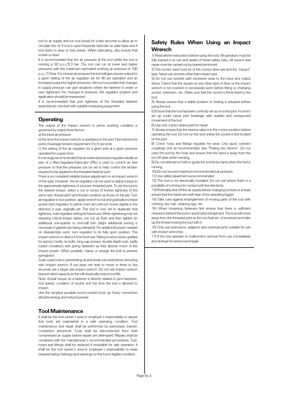 Operating, Tool maintenance, Safety rules when using an impact wrench | Universal Air Tools UT8423 User Manual | Page 2 / 4