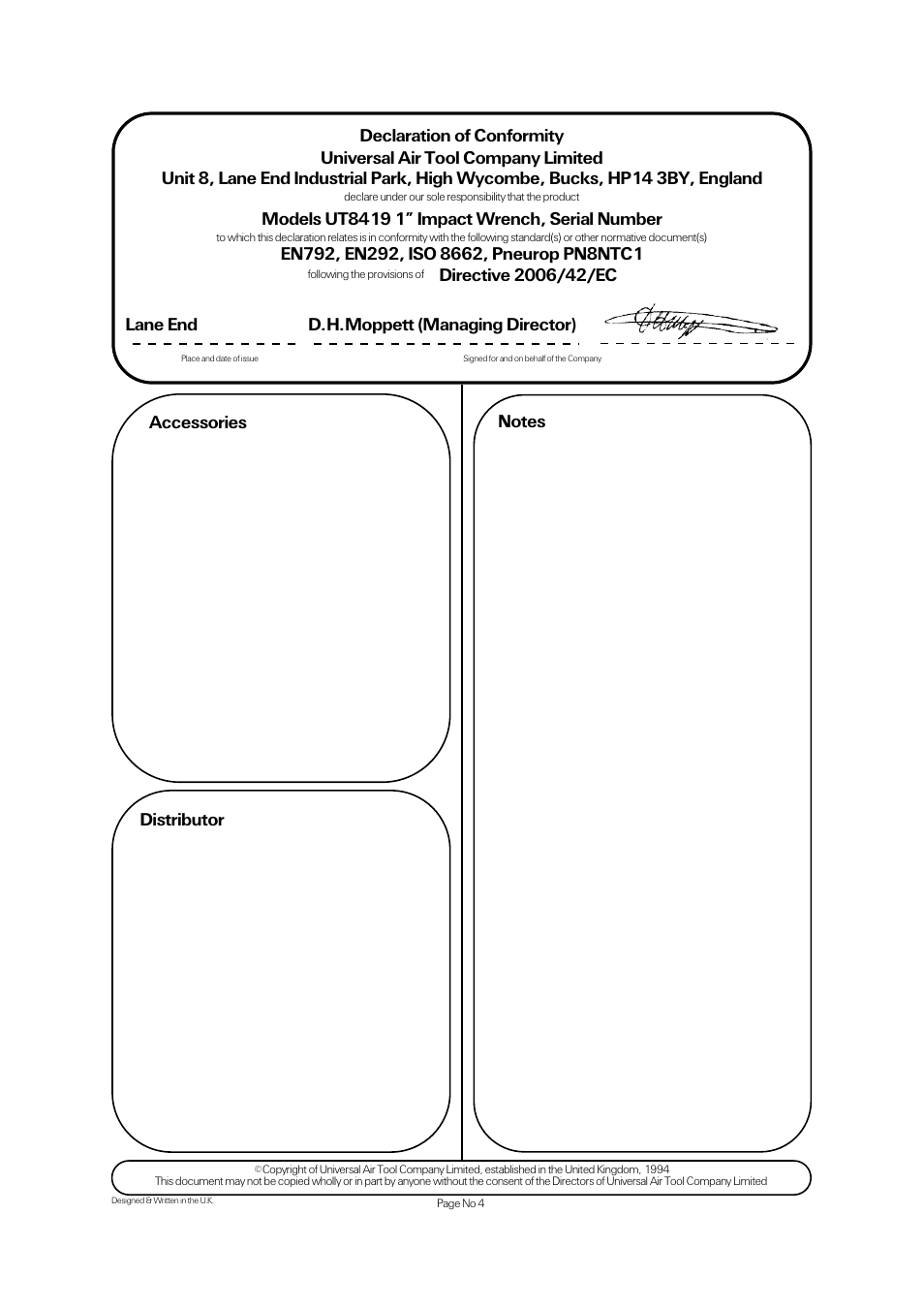 Lane end d.h.moppett (managing director), Accessories | Universal Air Tools UT8419 User Manual | Page 4 / 4