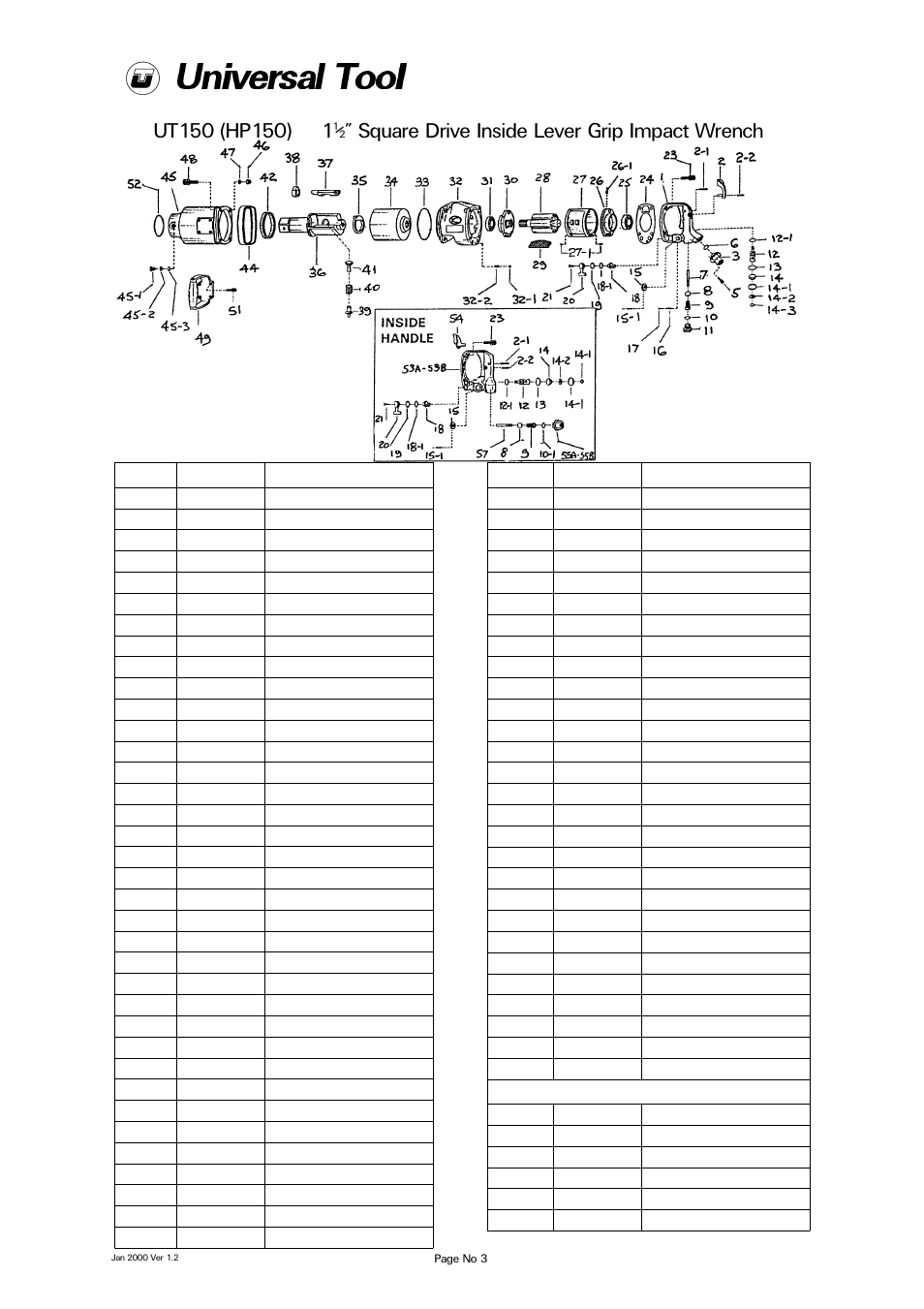 Ref no part no description, Parts for inside handle c.p | Universal Air Tools UT150 (HP150) User Manual | Page 3 / 4
