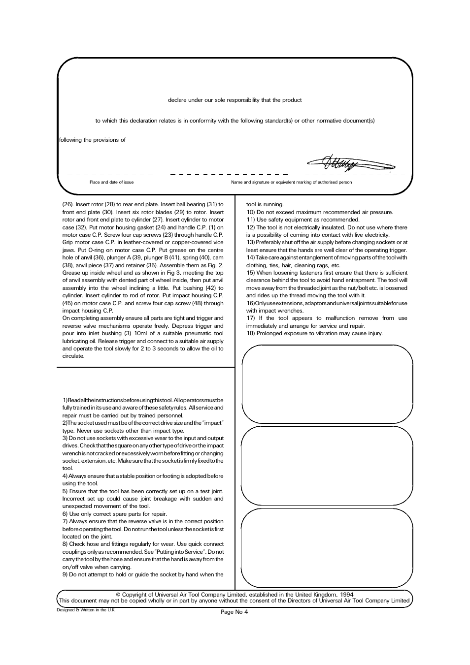 Safety rules when using an impact wrench, Lane end d.h.moppett (man. director), Accessories | Universal Air Tools UT150 (HP150) User Manual | Page 4 / 4