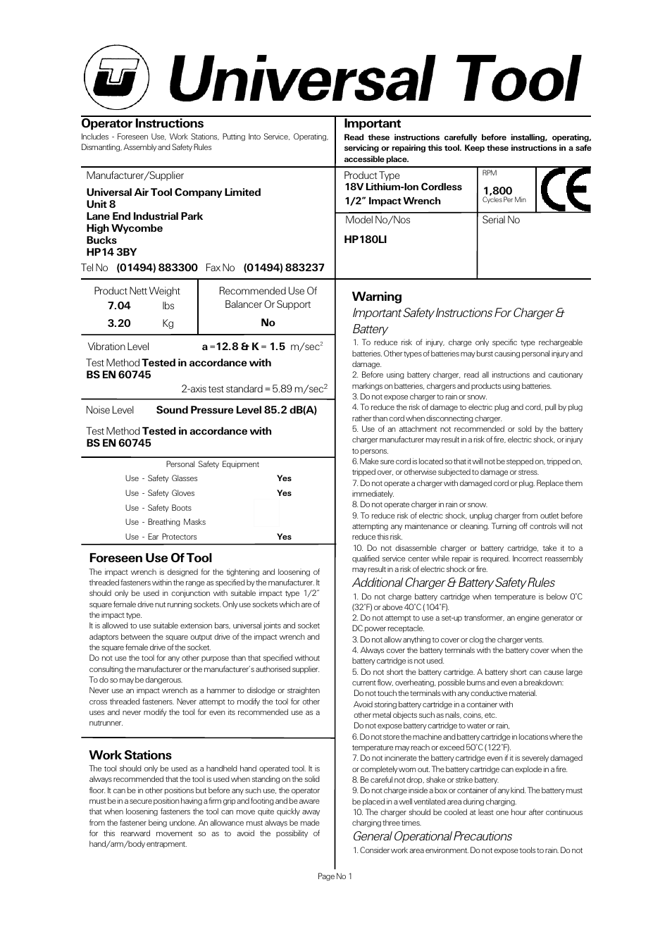 Universal Air Tools HP180LI User Manual | 4 pages