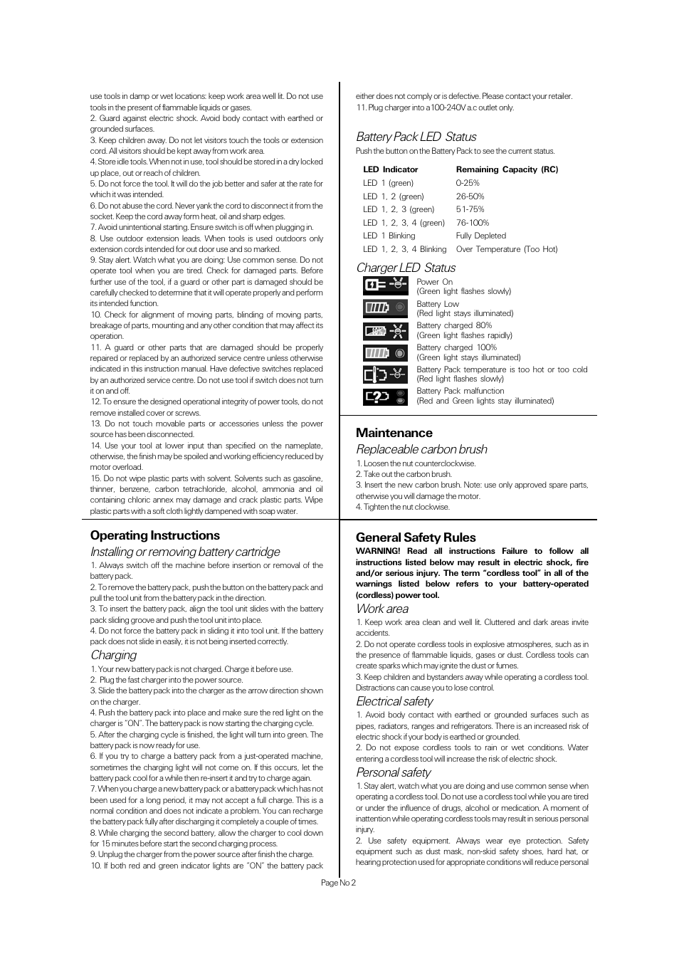 Charging, Battery pack led status, Charger led status | Maintenance replaceable carbon brush, General safety rules, Work area, Electrical safety, Personal safety | Universal Air Tools HP180LI User Manual | Page 2 / 4