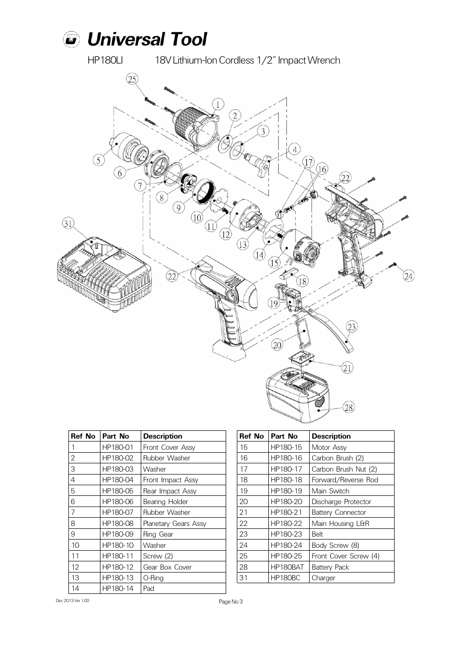 Hp180li, 18v lithium-ion cordless 1/2” impact wrench | Universal Air Tools HP180LI User Manual | Page 3 / 4