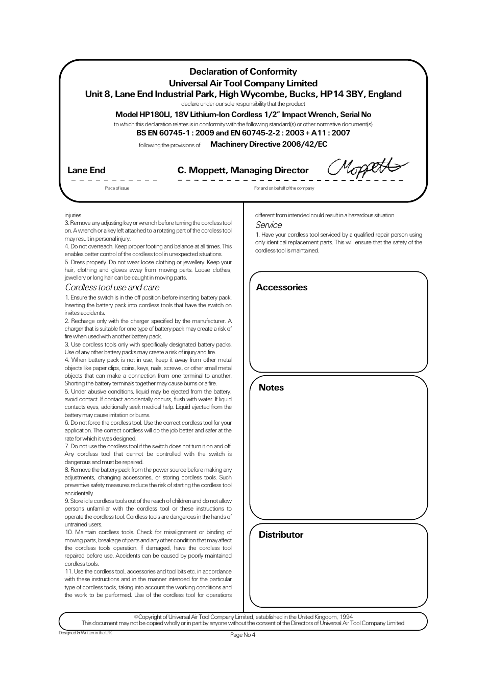 Cordless tool use and care, Service, Lane end c. moppett, managing director | Universal Air Tools HP180LI User Manual | Page 4 / 4