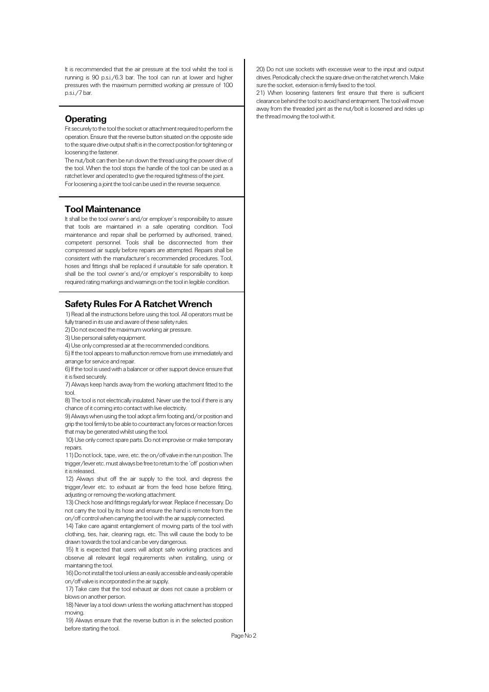 Operating, Safety rules for a ratchet wrench, Tool maintenance | Universal Air Tools UT8000S38 - 3/8 User Manual | Page 2 / 4
