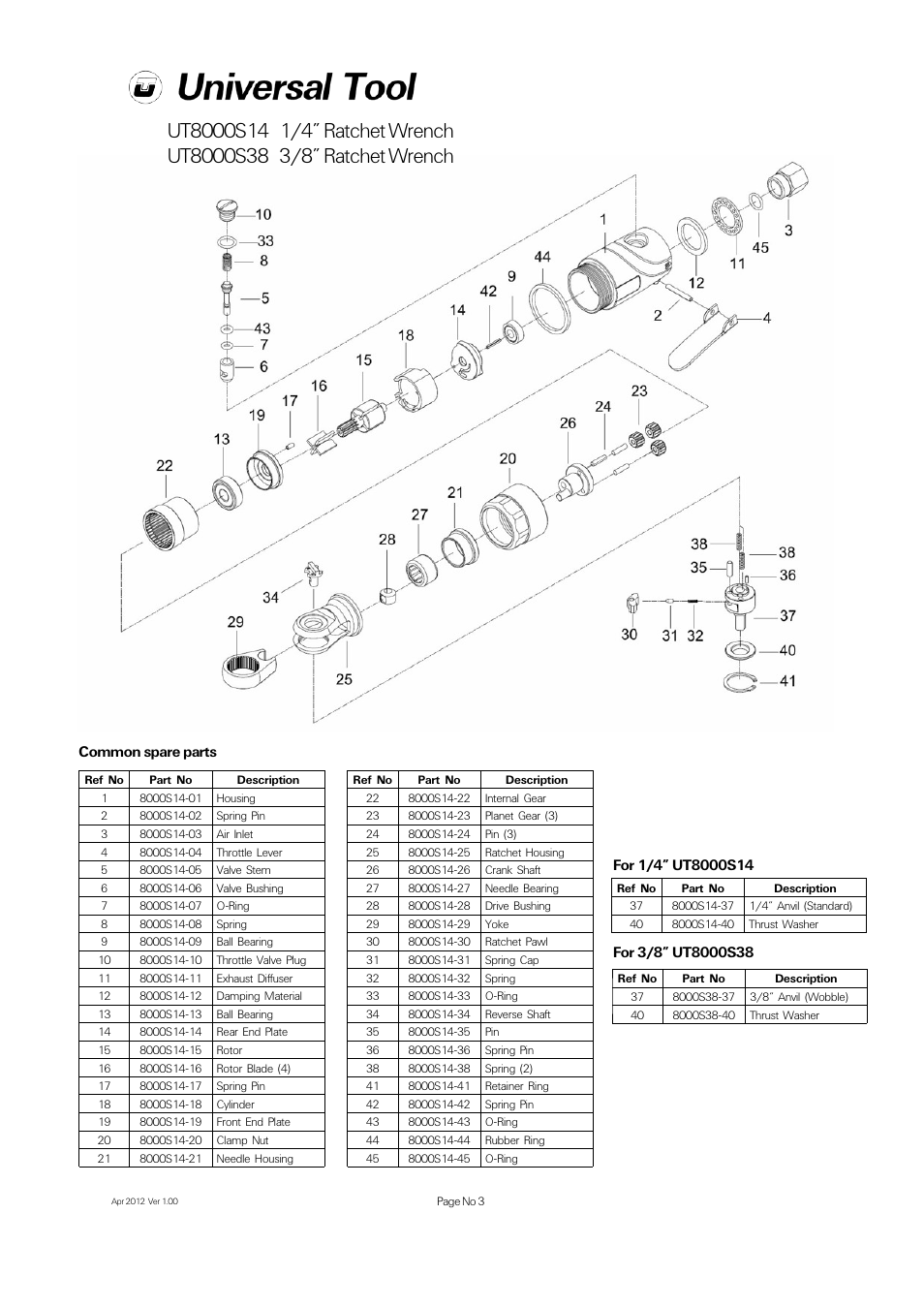 Common spare parts | Universal Air Tools UT8000S38 - 3/8 User Manual | Page 3 / 4