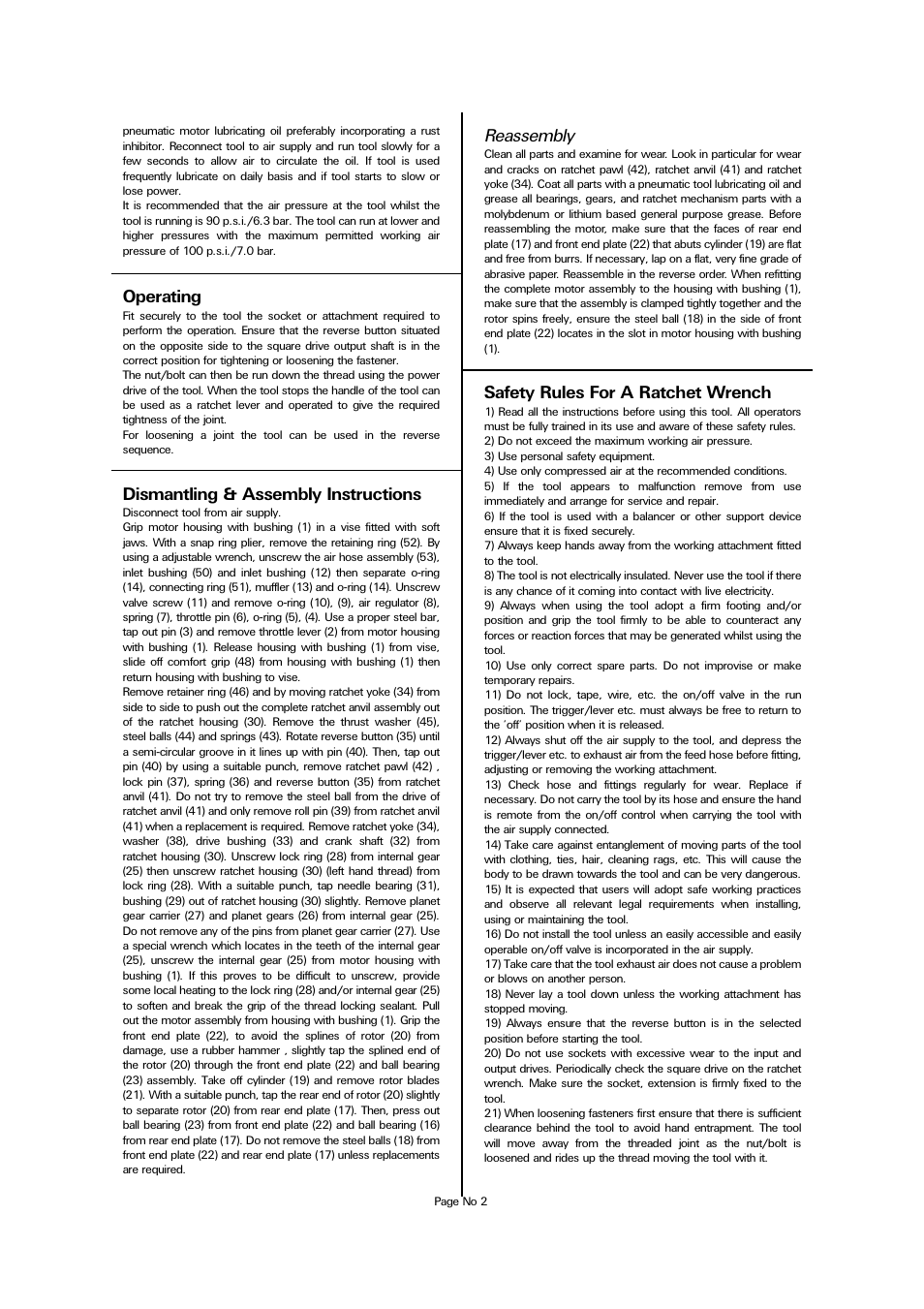 Safety rules for a ratchet wrench, Operating, Dismantling & assembly instructions | Reassembly | Universal Air Tools UT8012 - 1/2 SQ User Manual | Page 2 / 4