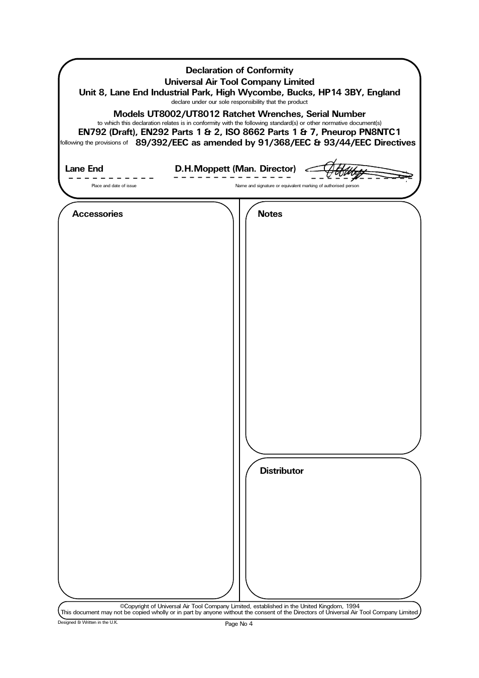 Lane end d.h.moppett (man. director) | Universal Air Tools UT8012 - 1/2 SQ User Manual | Page 4 / 4