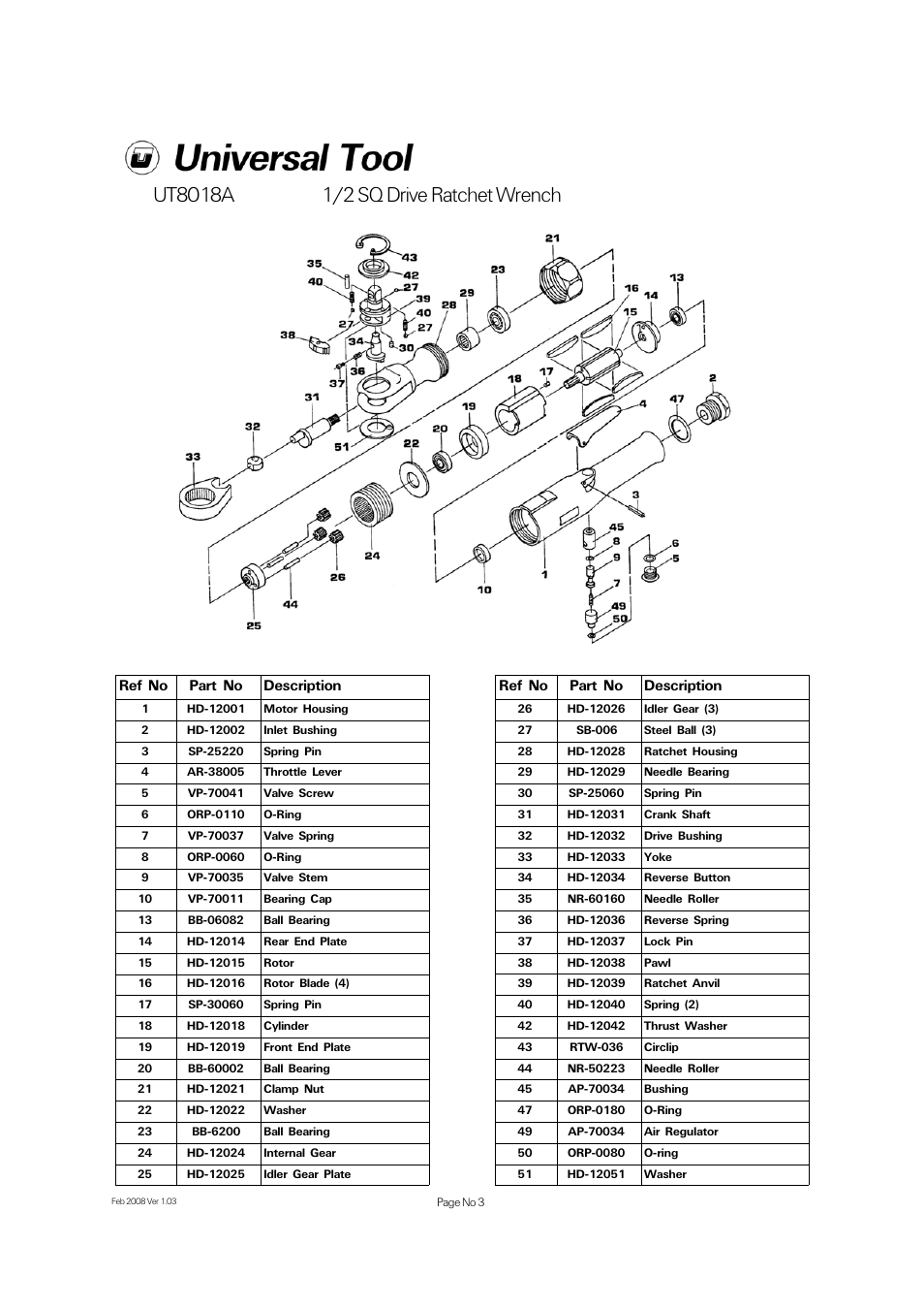 Ref no part no description | Universal Air Tools UT8018A User Manual | Page 3 / 4