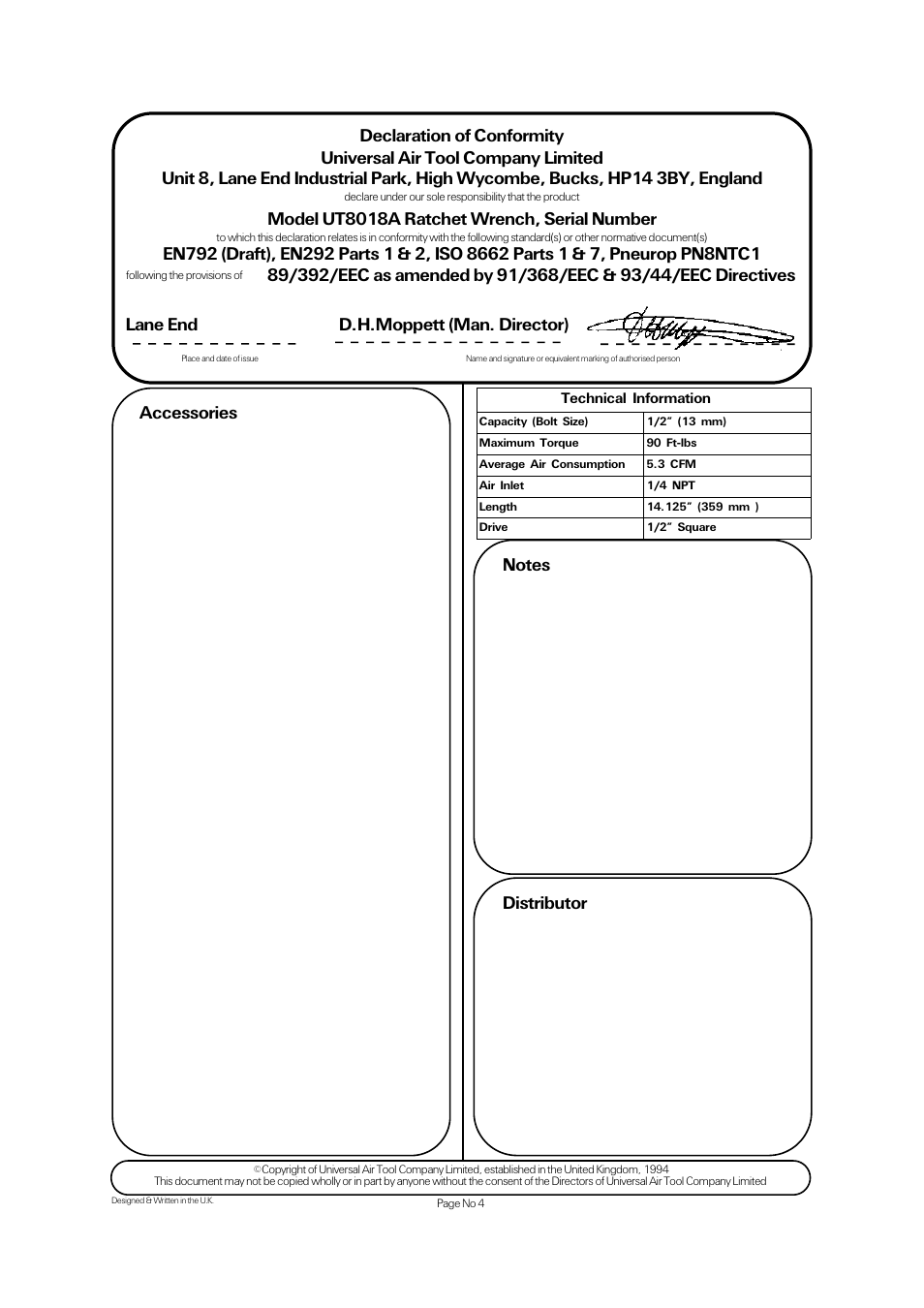 Model ut8018a ratchet wrench, serial number, Lane end d.h.moppett (man. director) | Universal Air Tools UT8018A User Manual | Page 4 / 4