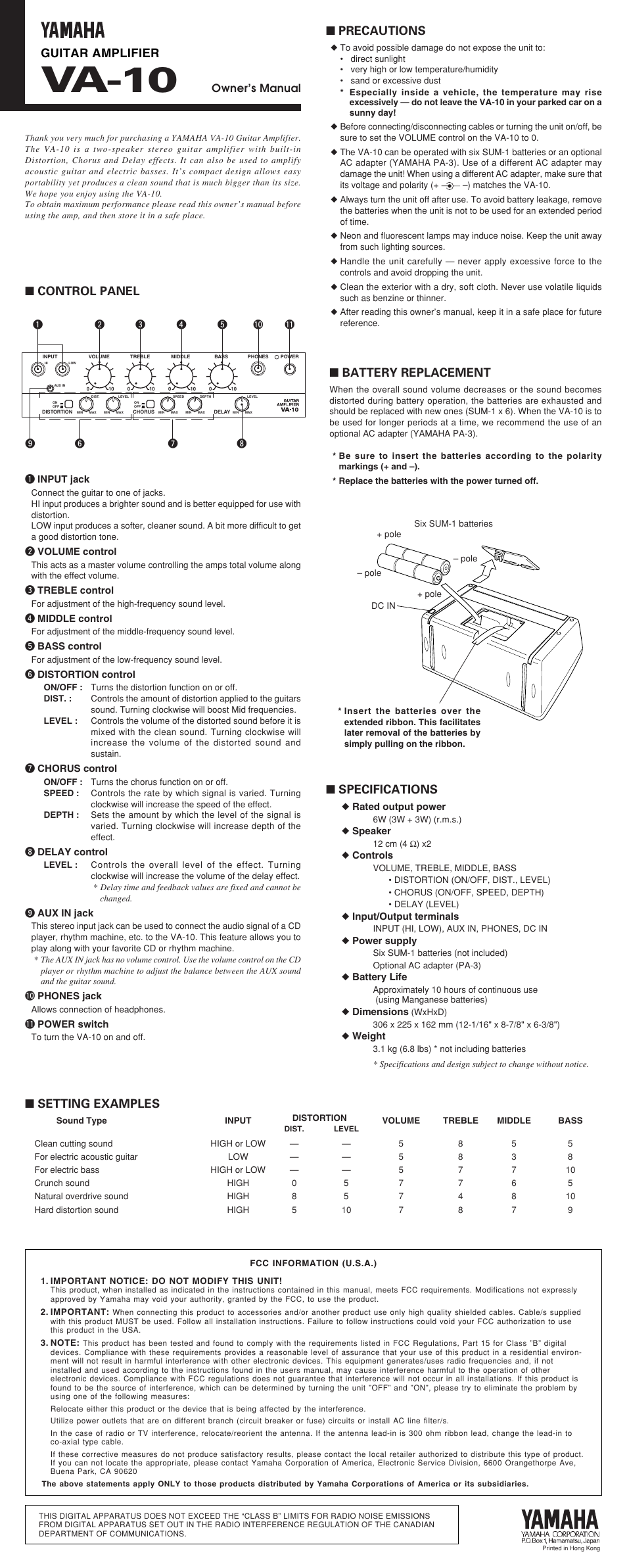 Va-10, Guitar amplifier, Precautions | Control panel, Setting examples, Specifications, Battery replacement, Owner’s manual | Yamaha VA-10 User Manual | Page 2 / 4