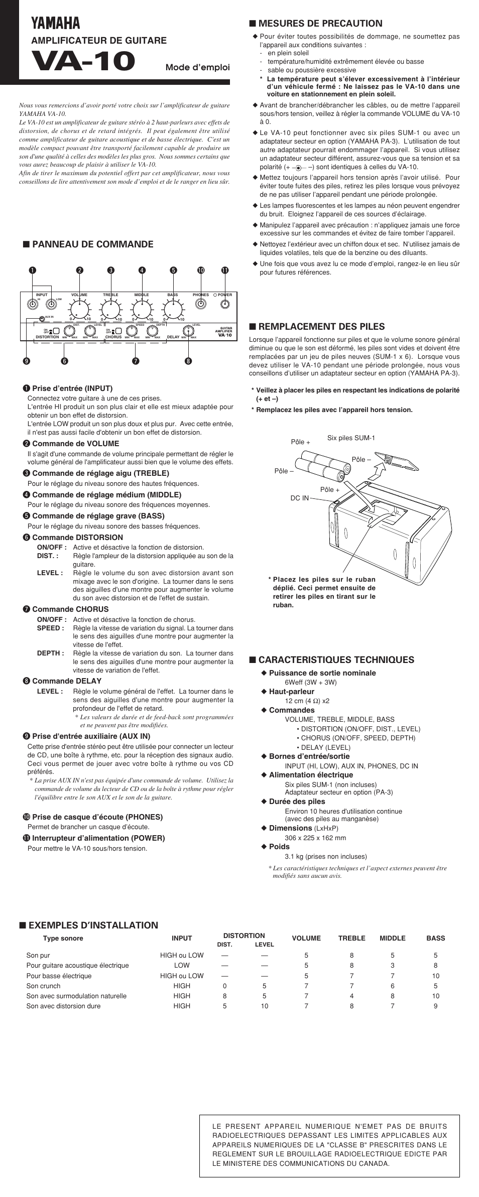 Va-10, Amplificateur de guitare, Mesures de precaution | Exemples d’installation, Caracteristiques techniques, Remplacement des piles, Panneau de commande, Mode d’emploi | Yamaha VA-10 User Manual | Page 3 / 4