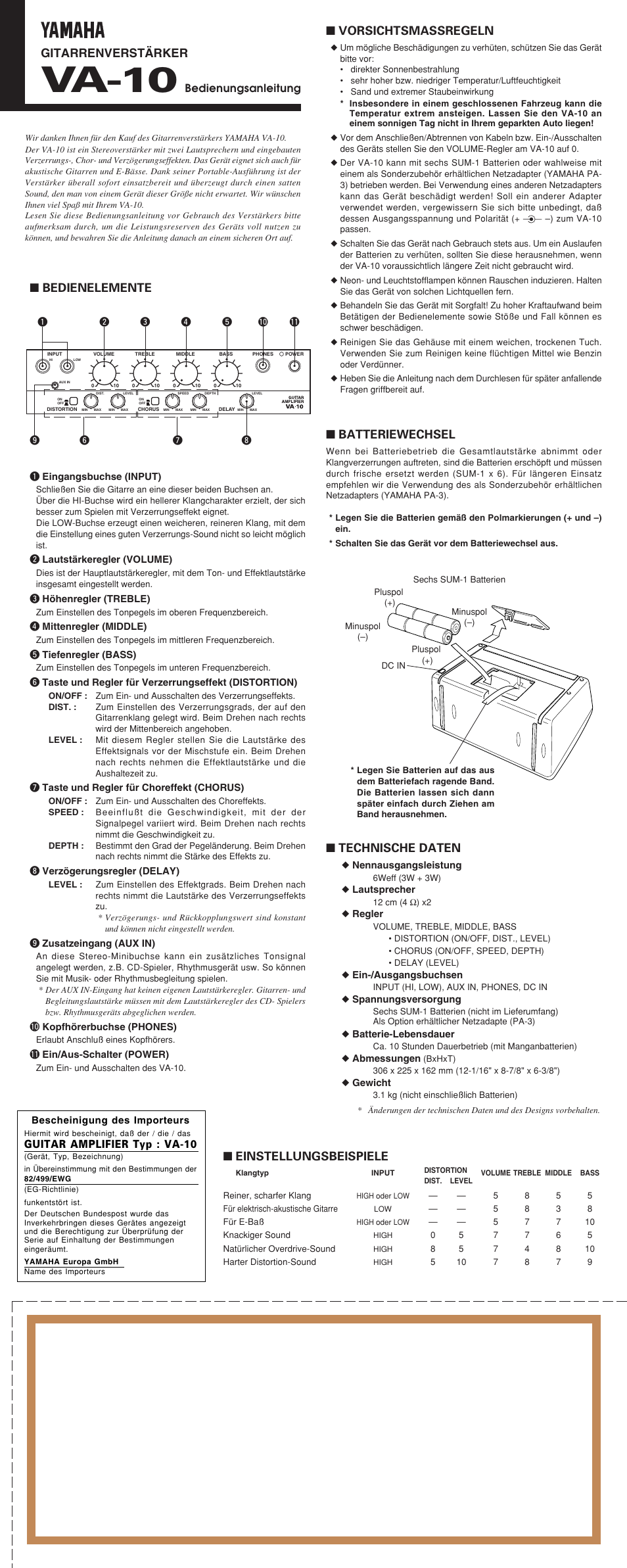 Va-10, Gitarrenverstärker, Vorsichtsmassregeln | Batteriewechsel, Technische daten, Bedienelemente, Einstellungsbeispiele, Bedienungsanleitung, Guitar amplifier typ : va-10 | Yamaha VA-10 User Manual | Page 4 / 4