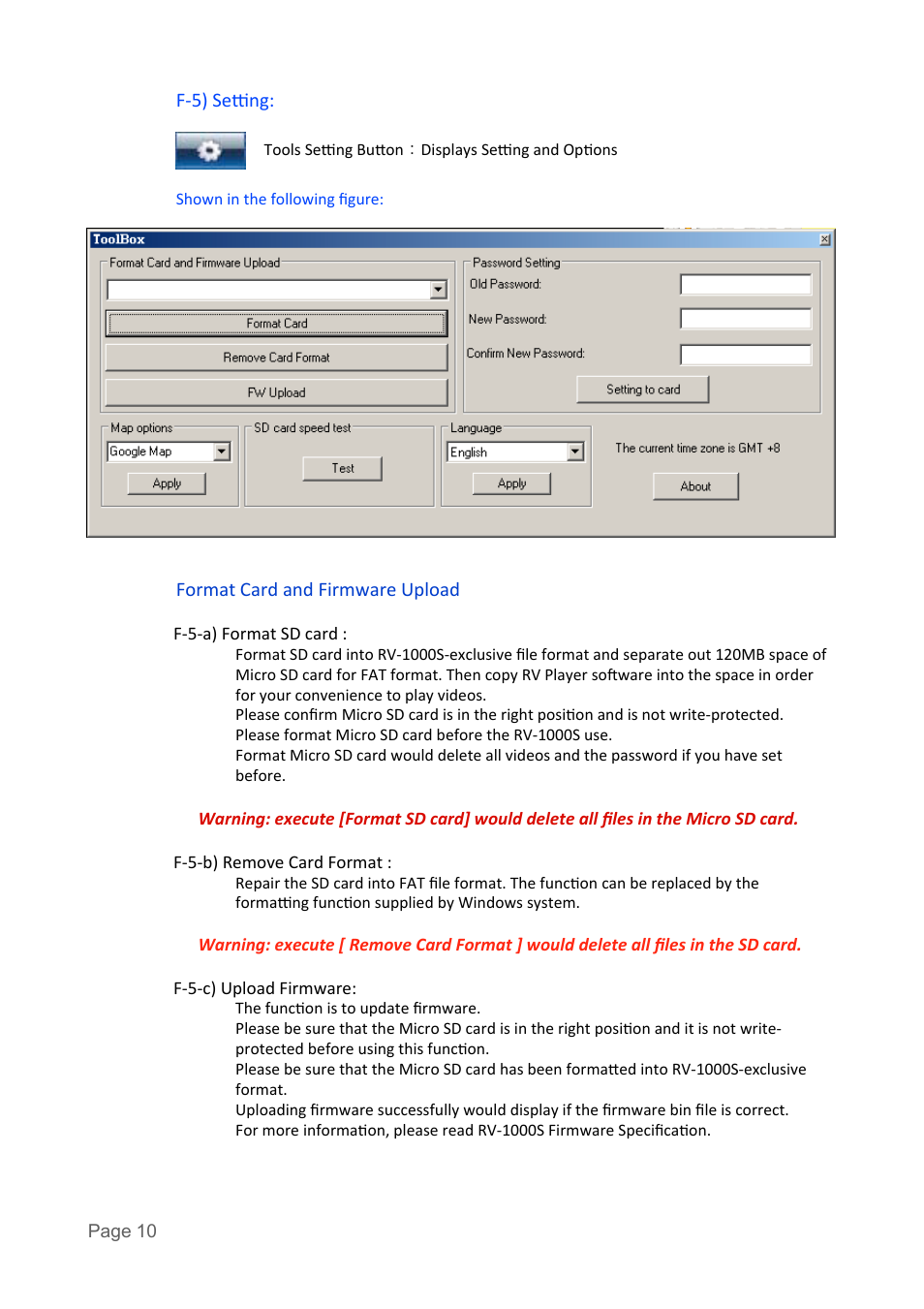 F-­‐5) seqng, Shown in the following ﬁgure, Format card and firmware upload | F-­‐5-­‐a) format sd card, F-­‐5-­‐b) remove card format, F-­‐5-­‐c) upload firmware | USGlobalsat RV-1000S HD Software User Manual User Manual | Page 10 / 14