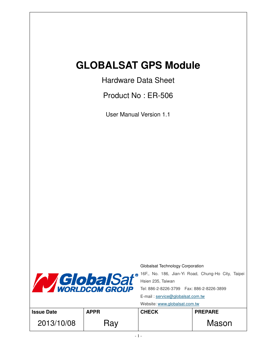 USGlobalsat ER-506 User Manual | 19 pages