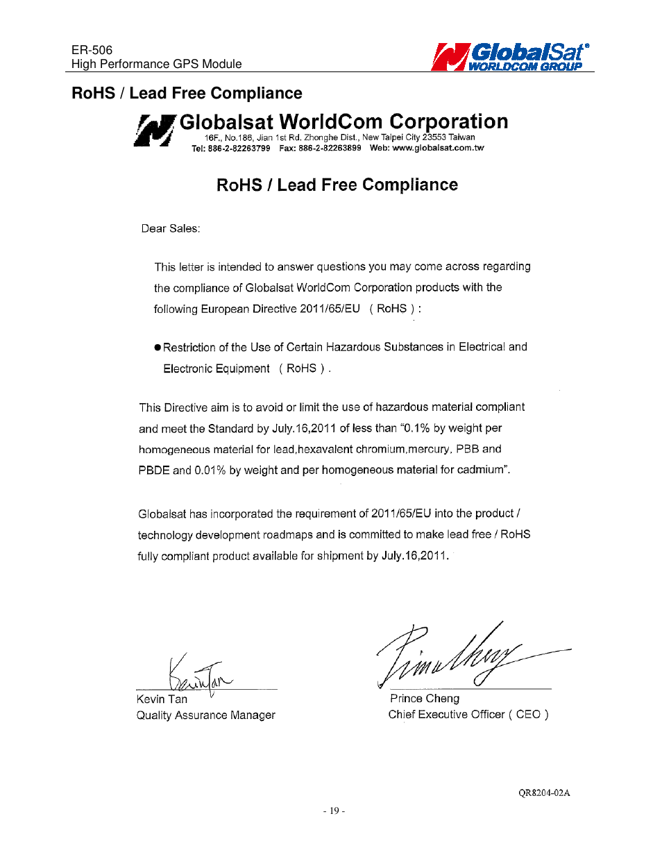 Rohs / lead free compliance | USGlobalsat ER-506 User Manual | Page 18 / 19