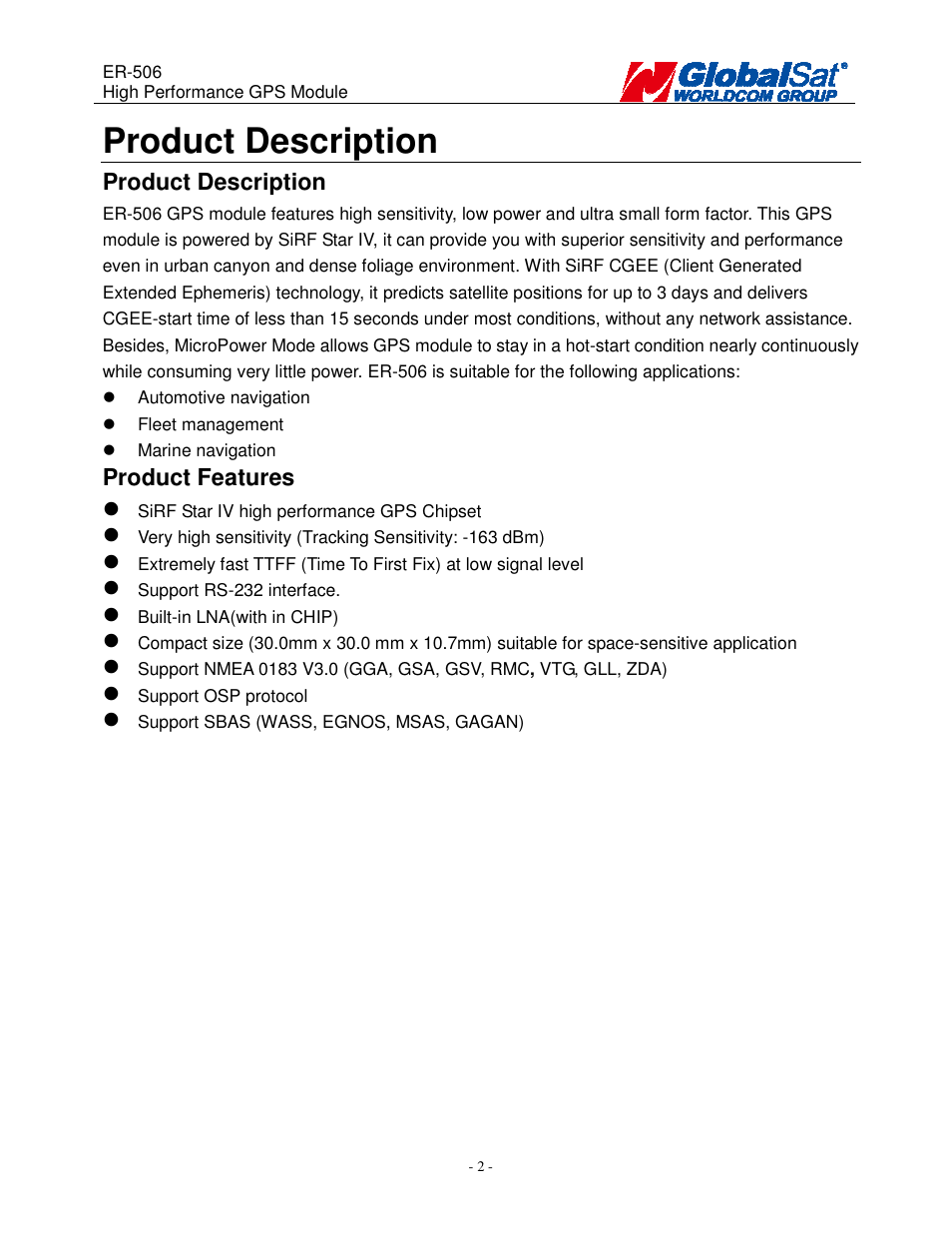 Product description, Product features | USGlobalsat ER-506 User Manual | Page 2 / 19