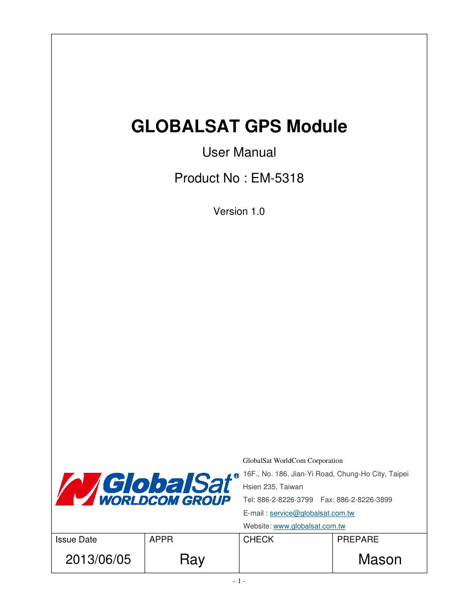 USGlobalsat EM-5318 User Manual | 9 pages