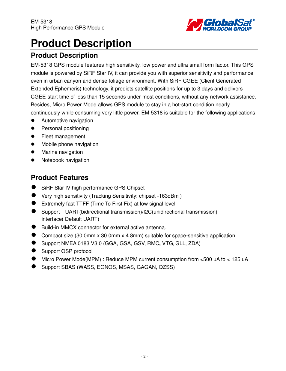Product description, Product features | USGlobalsat EM-5318 User Manual | Page 2 / 9