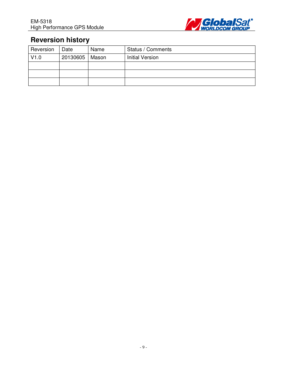 Reversion history | USGlobalsat EM-5318 User Manual | Page 9 / 9