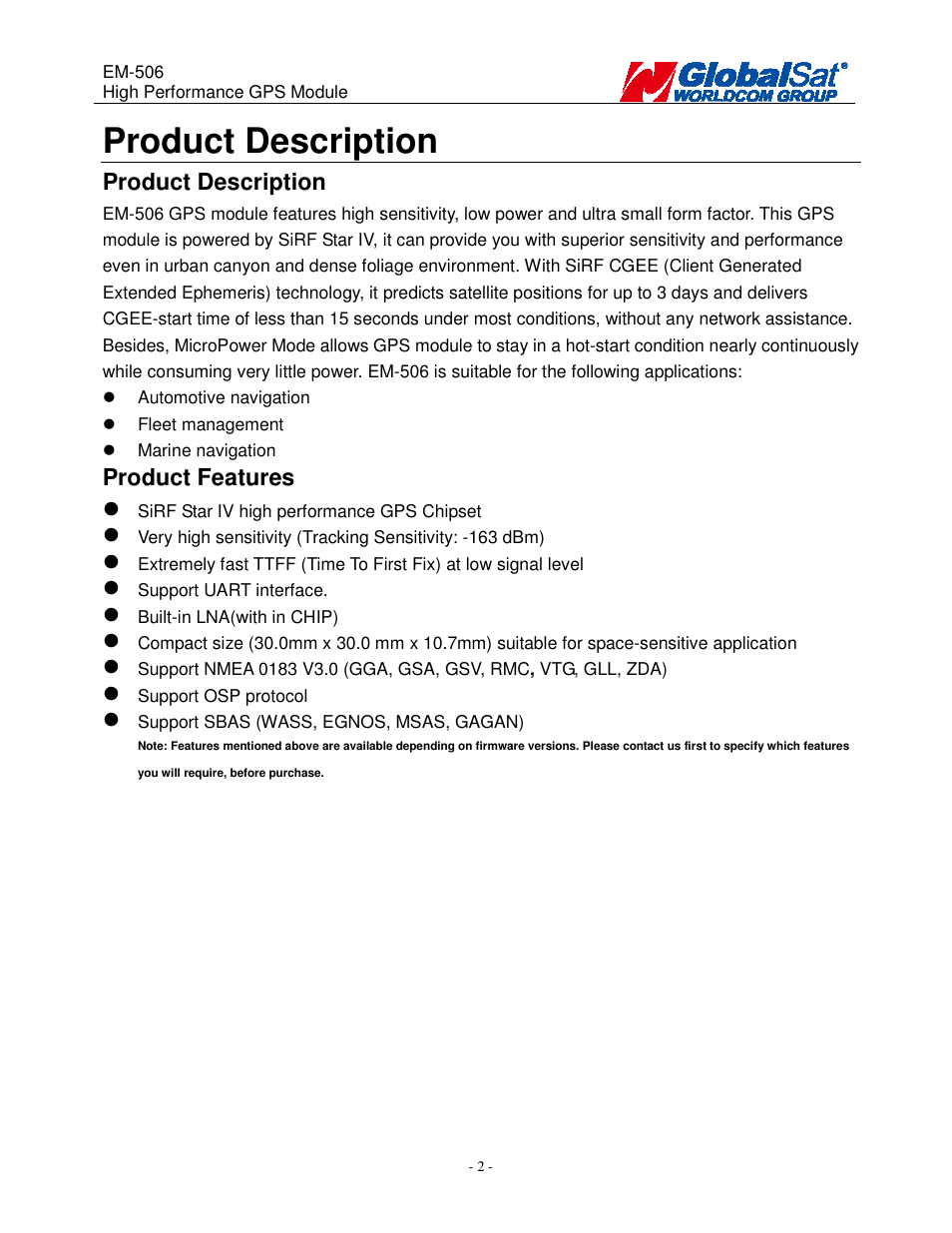 Product description, Product features | USGlobalsat EM-506 User Manual | Page 2 / 20