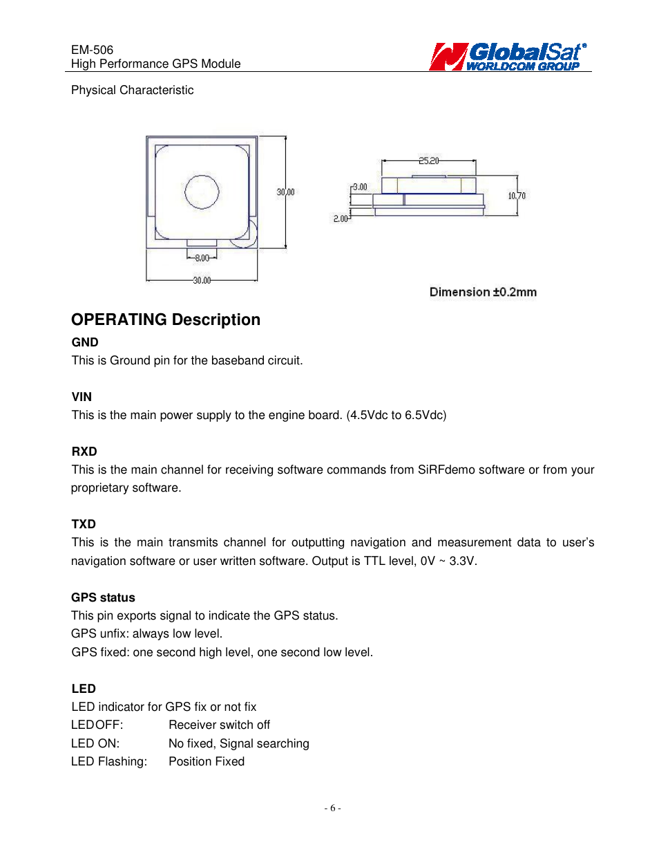 Operating description | USGlobalsat EM-506 User Manual | Page 6 / 20