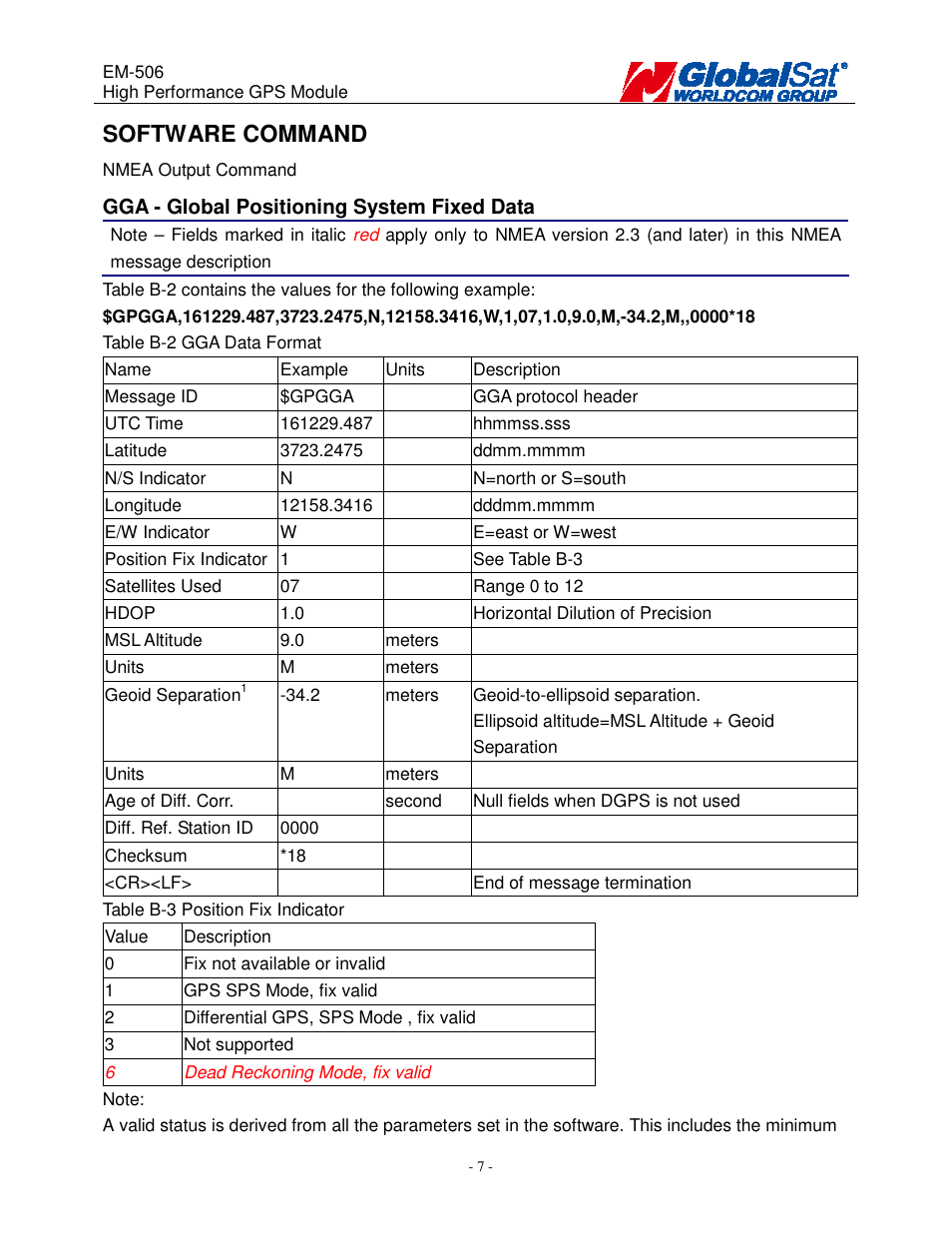 Software command | USGlobalsat EM-506 User Manual | Page 7 / 20