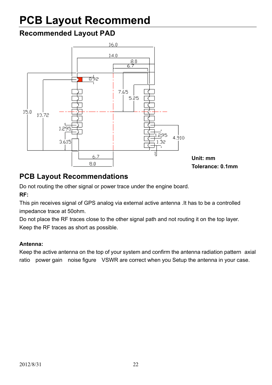 Pcb layout recommend, Recommended layout pad, Pcb layout recommendations | USGlobalsat EB-5318RE User Manual | Page 22 / 24