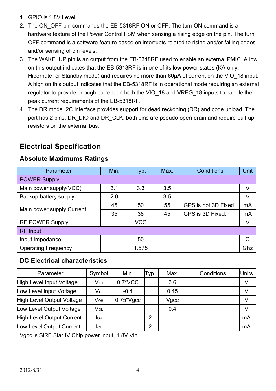 Electrical specification | USGlobalsat EB-5318RE User Manual | Page 4 / 24