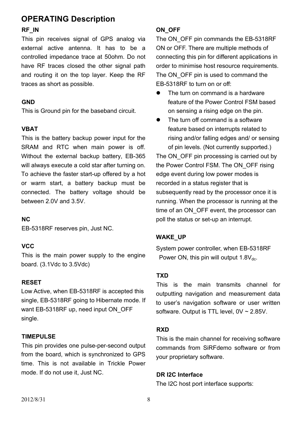 Operating description | USGlobalsat EB-5318RE User Manual | Page 8 / 24
