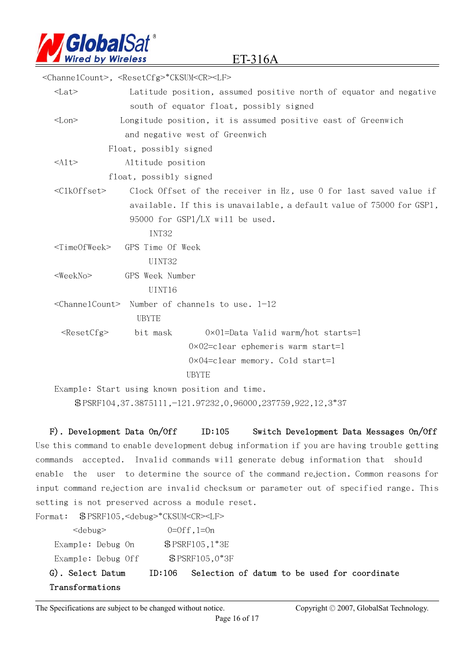 Et-316a | USGlobalsat ET-316A User Manual | Page 16 / 17