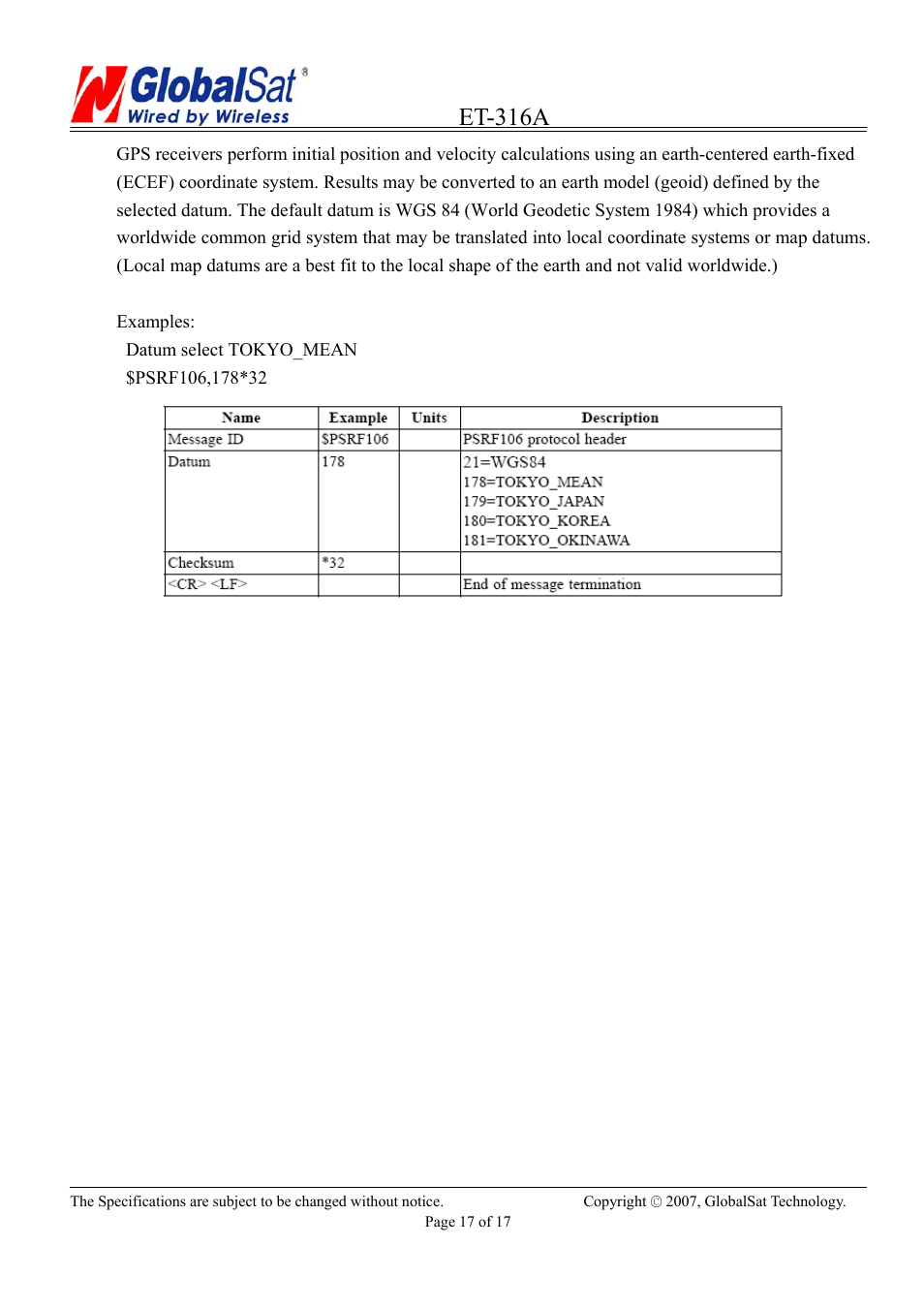 Et-316a | USGlobalsat ET-316A User Manual | Page 17 / 17