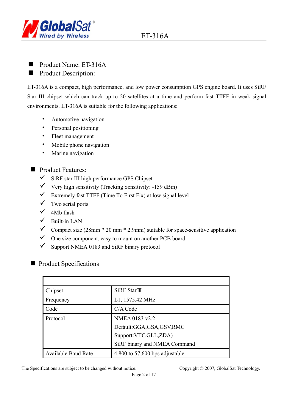Et-316a, Product information | USGlobalsat ET-316A User Manual | Page 2 / 17