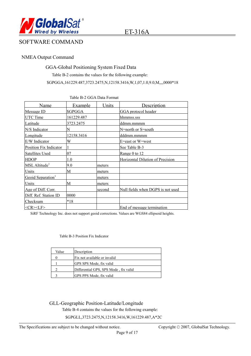 Et-316a, Software command | USGlobalsat ET-316A User Manual | Page 9 / 17