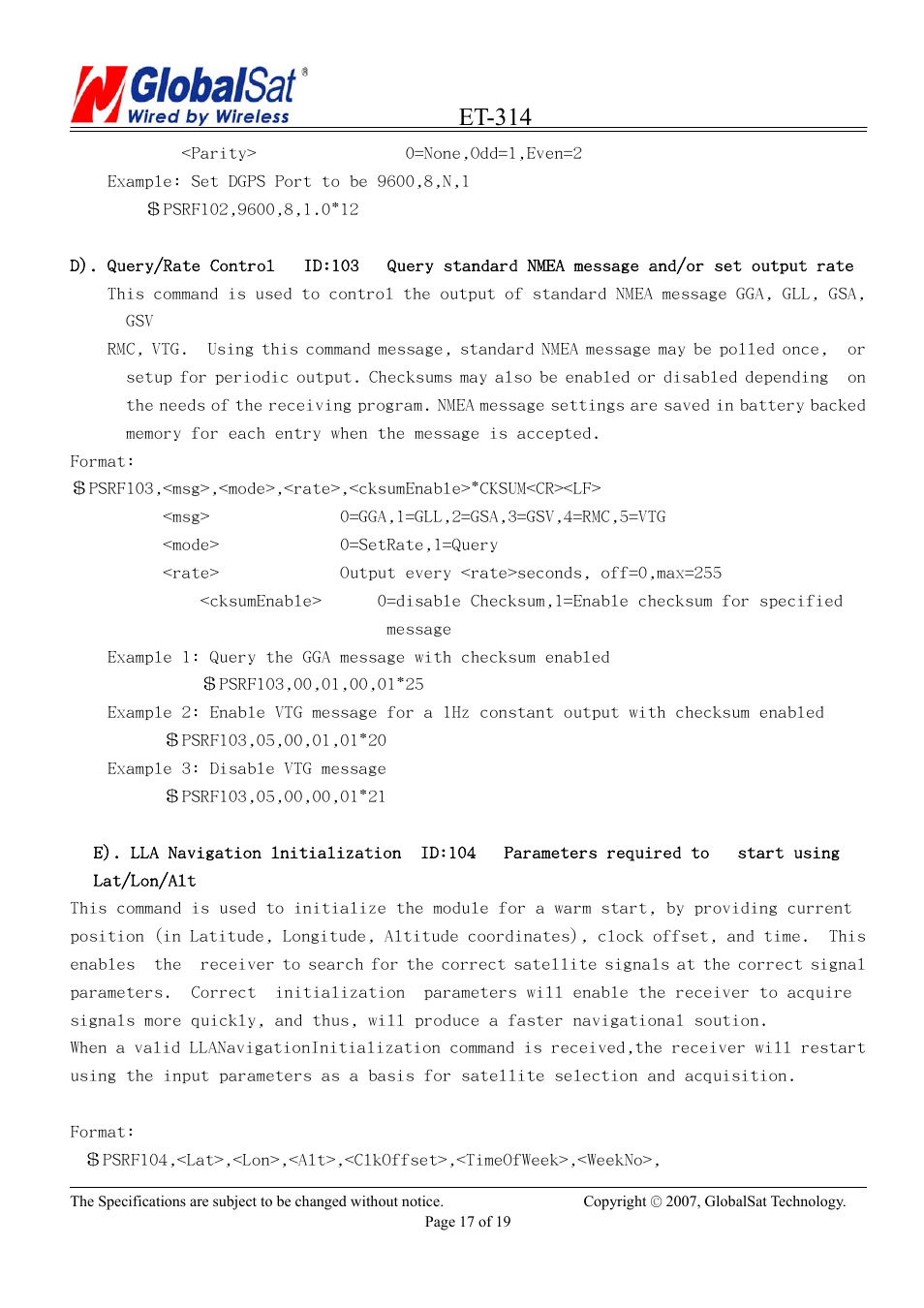 Et-314 | USGlobalsat ET-314 User Manual | Page 17 / 19