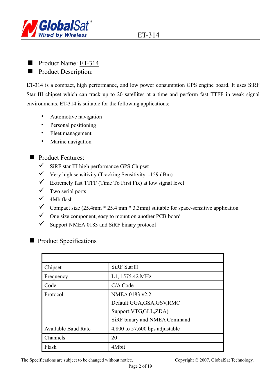 Et-314, Product information | USGlobalsat ET-314 User Manual | Page 2 / 19