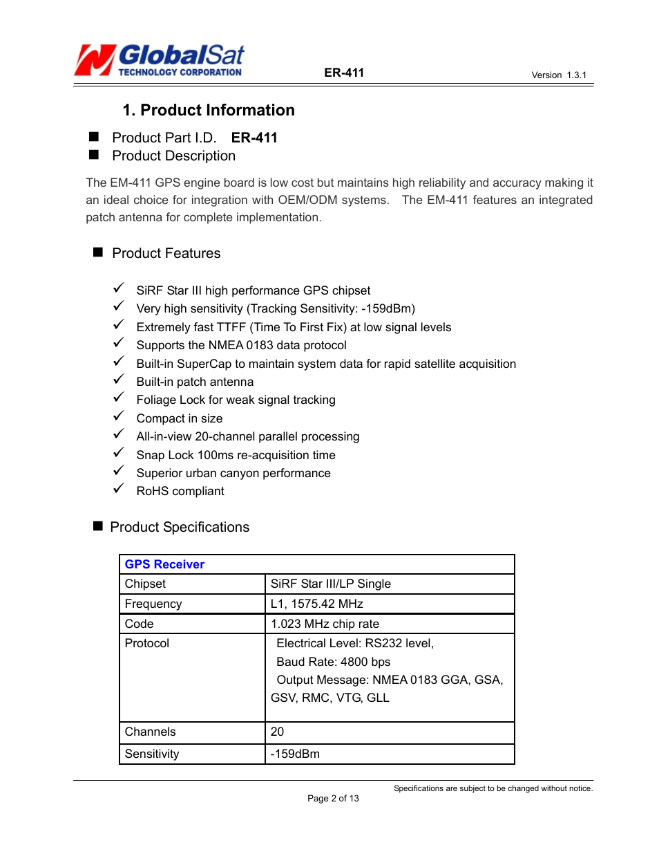 USGlobalsat ER-411 User Manual | Page 2 / 13