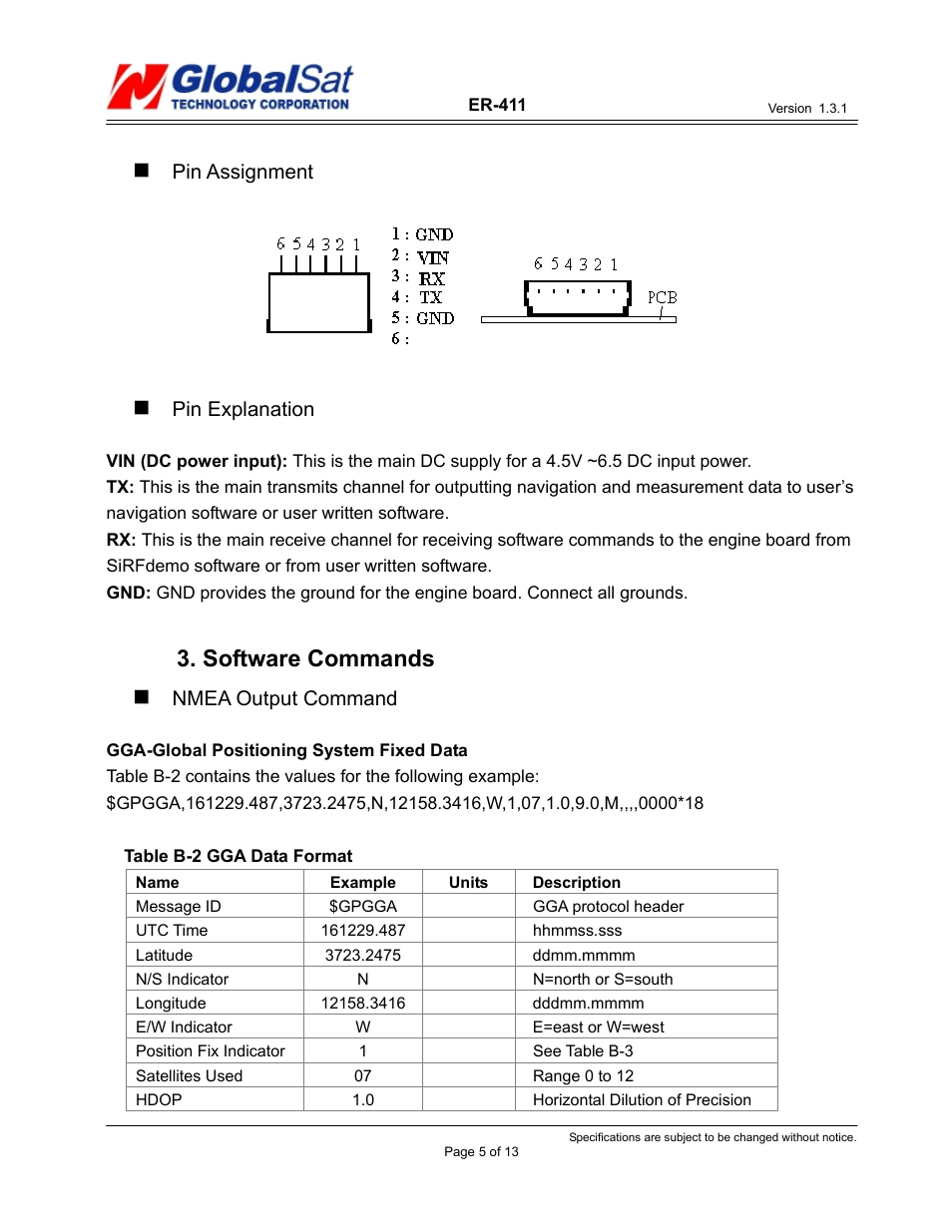 Software commands | USGlobalsat ER-411 User Manual | Page 5 / 13