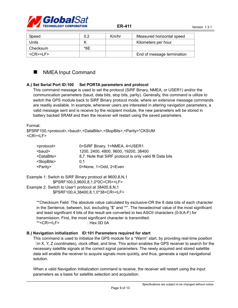 Nmea input command | USGlobalsat ER-411 User Manual | Page 9 / 13