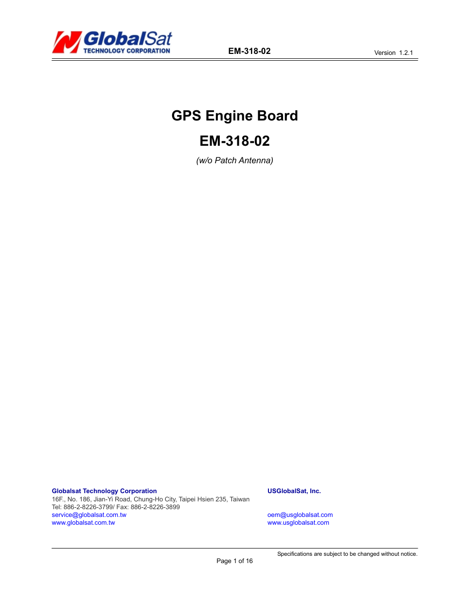 USGlobalsat EM-318-02 User Manual | 16 pages