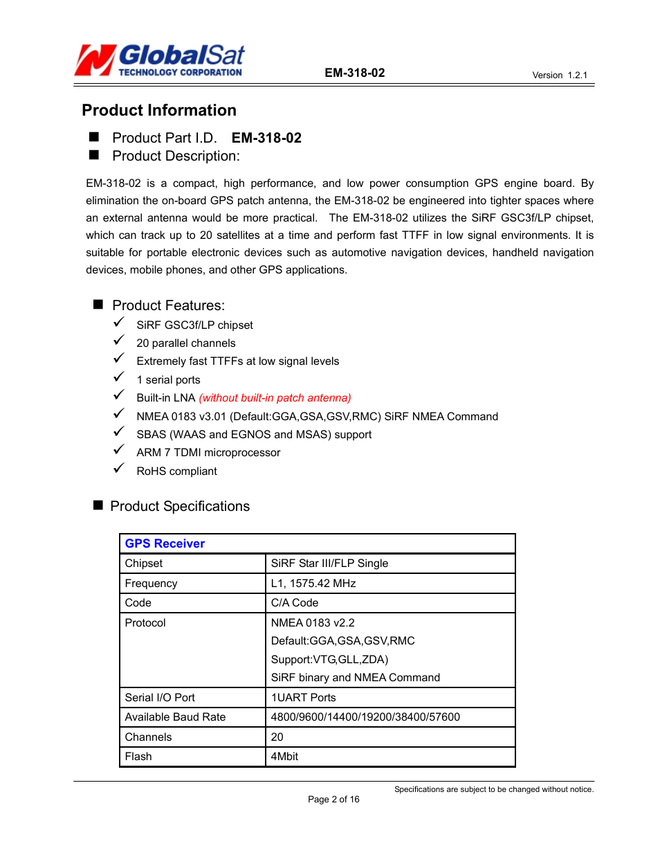 Product information | USGlobalsat EM-318-02 User Manual | Page 2 / 16