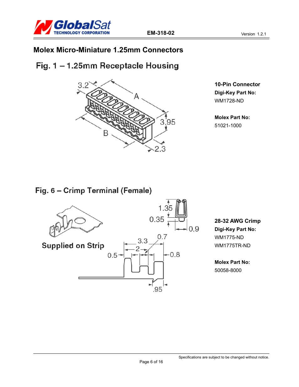 Molex micro-miniature 1.25mm connectors | USGlobalsat EM-318-02 User Manual | Page 6 / 16