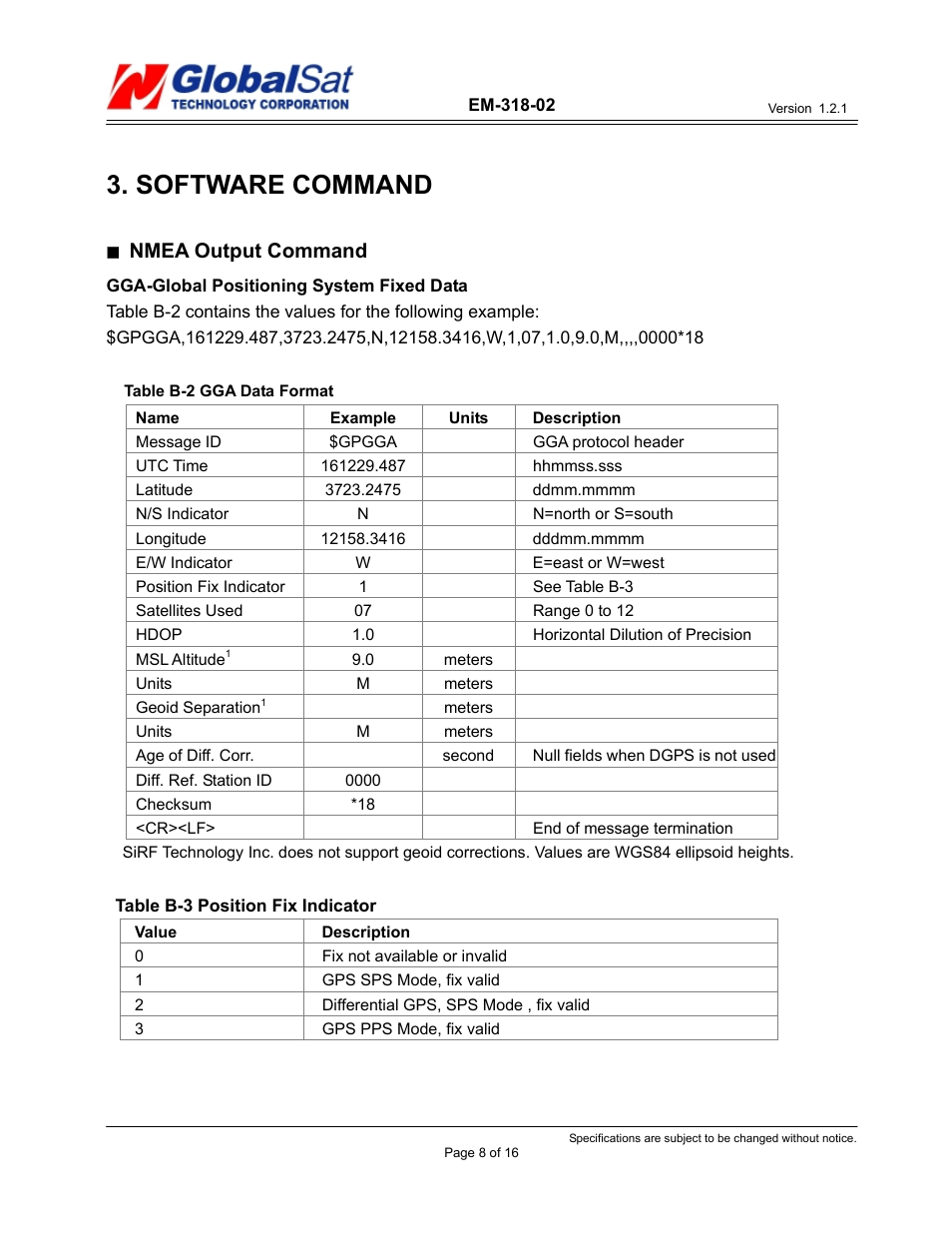 Software command, Nmea output command | USGlobalsat EM-318-02 User Manual | Page 8 / 16