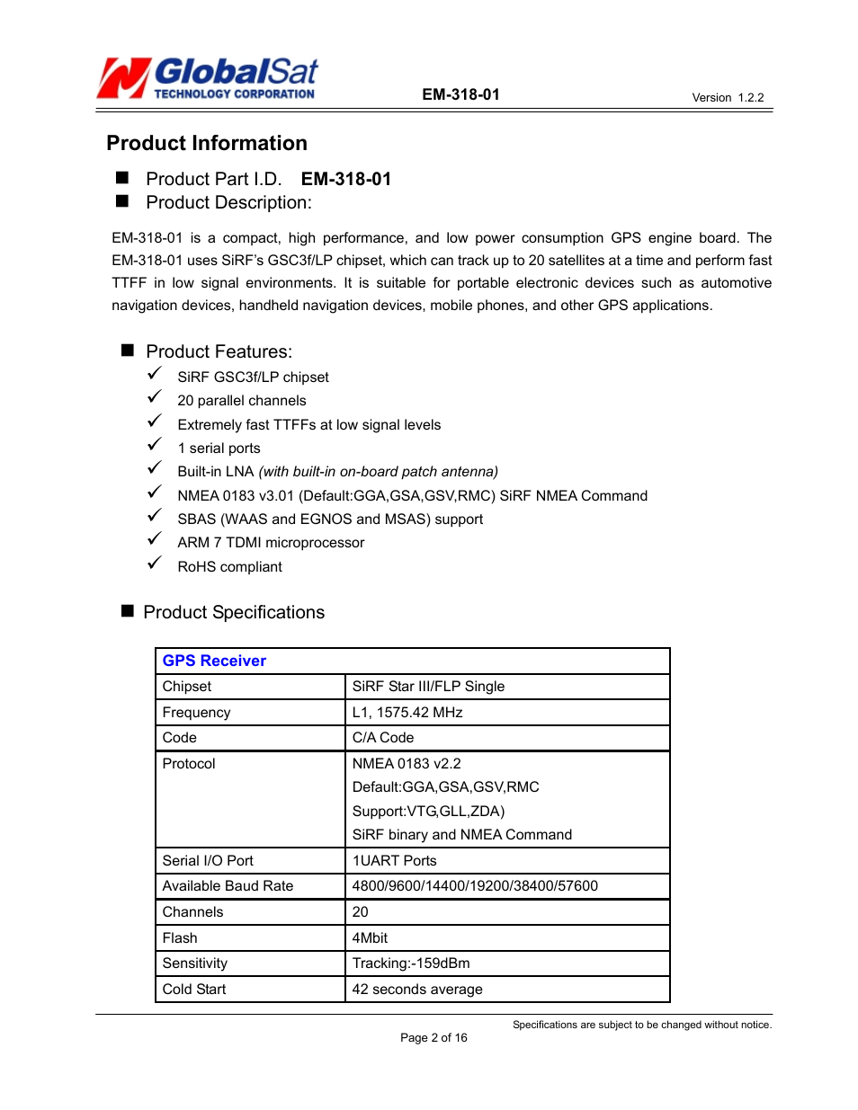 Product information | USGlobalsat EM-318-01 User Manual | Page 2 / 16