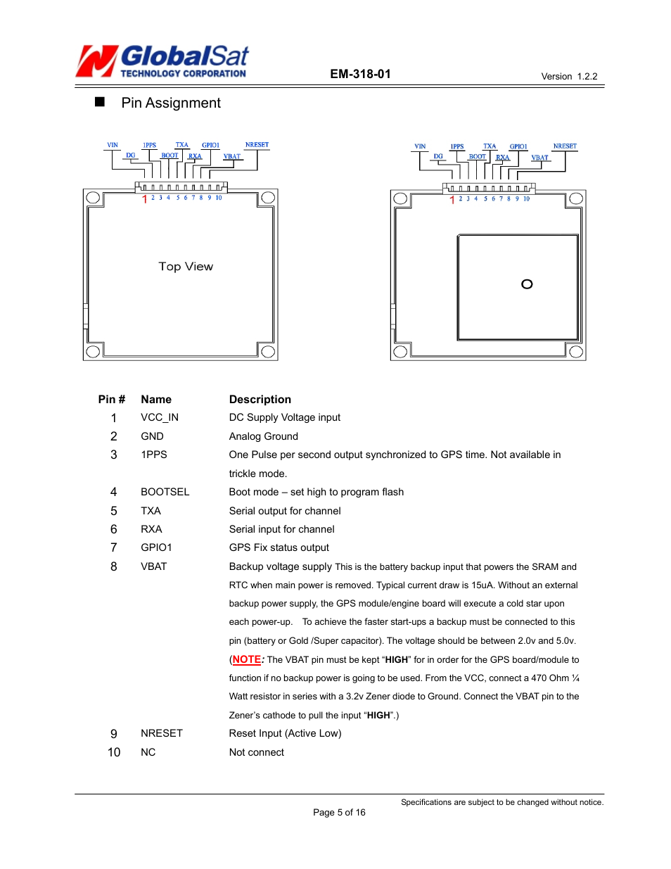 Pin assignment | USGlobalsat EM-318-01 User Manual | Page 5 / 16
