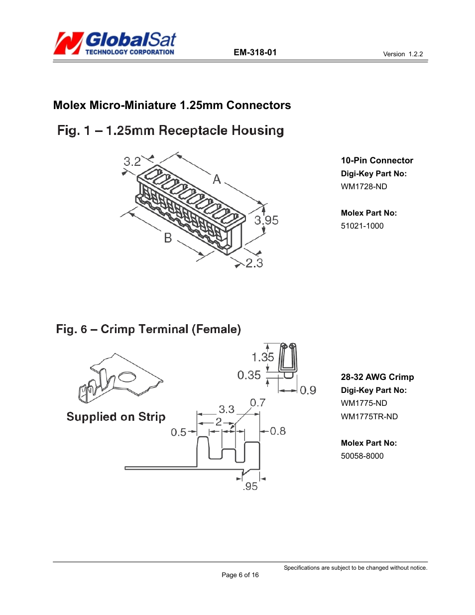 Molex micro-miniature 1.25mm connectors | USGlobalsat EM-318-01 User Manual | Page 6 / 16