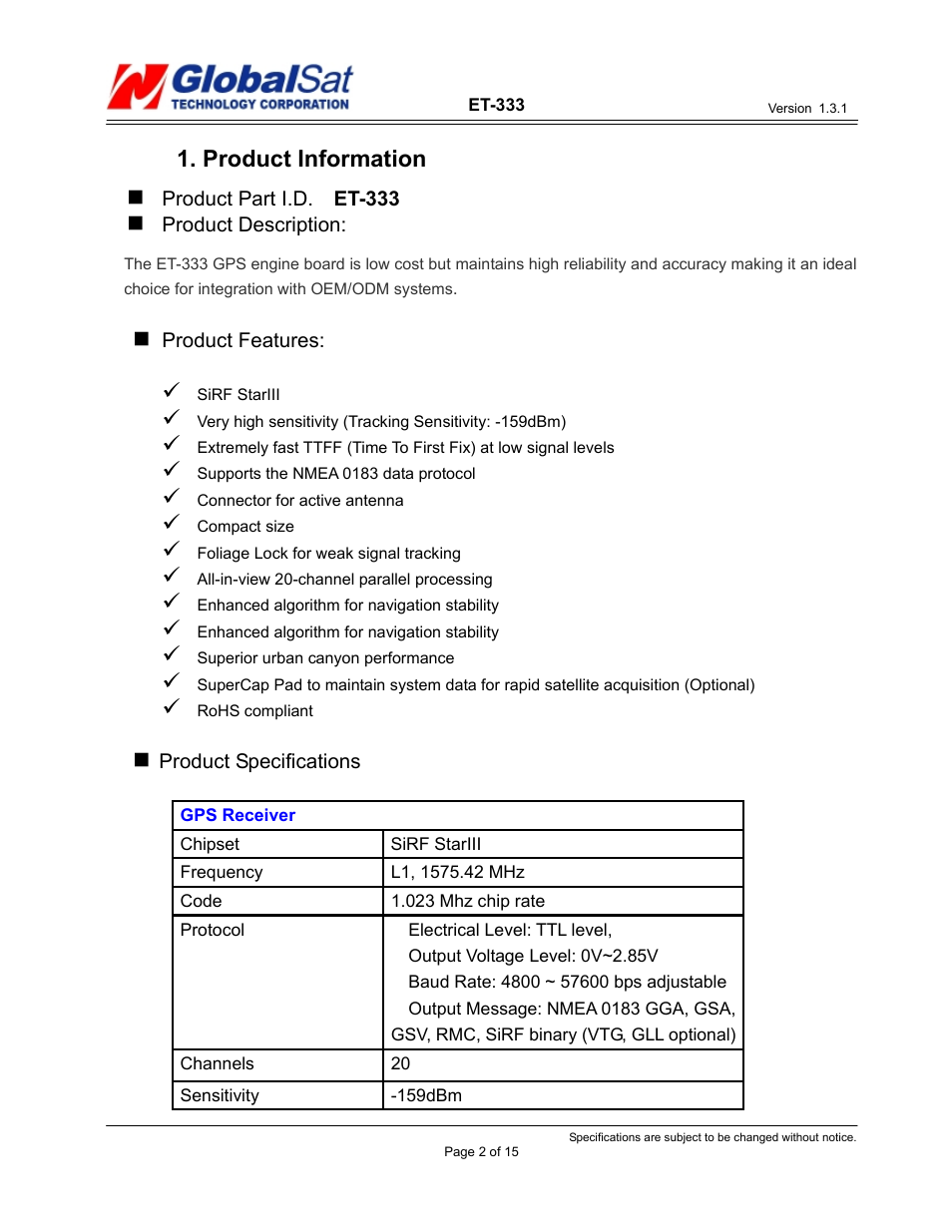 Product information | USGlobalsat ET-333 User Manual | Page 2 / 15