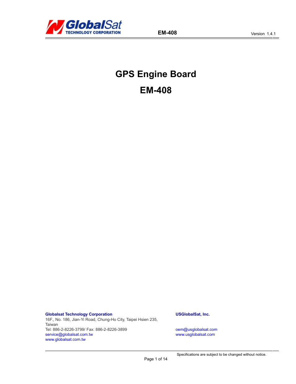 USGlobalsat EM-408 User Manual | 14 pages