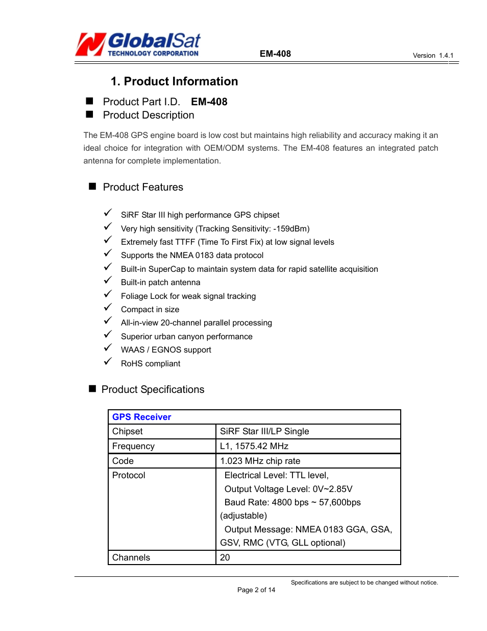 Product information | USGlobalsat EM-408 User Manual | Page 2 / 14