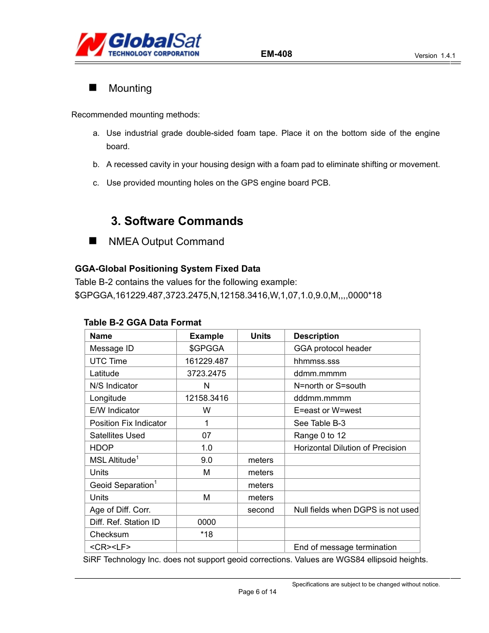 Software commands, Mounting, Nmea output command | USGlobalsat EM-408 User Manual | Page 6 / 14